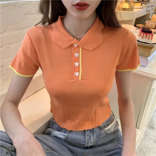  summer new French niche love buttons slim short POLO collar short sleeve knitted T-shirt female student