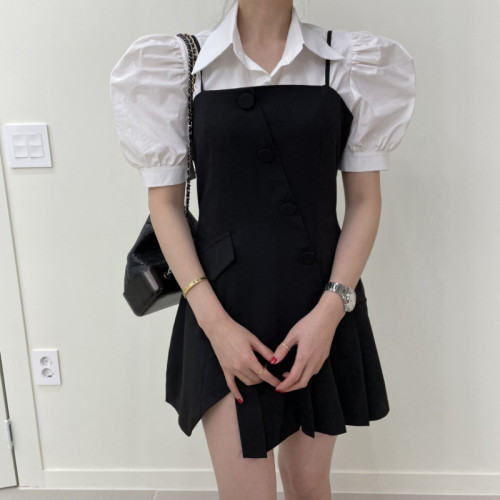 South Korea chic summer bubble short sleeve shirt design irregular pleated skirt