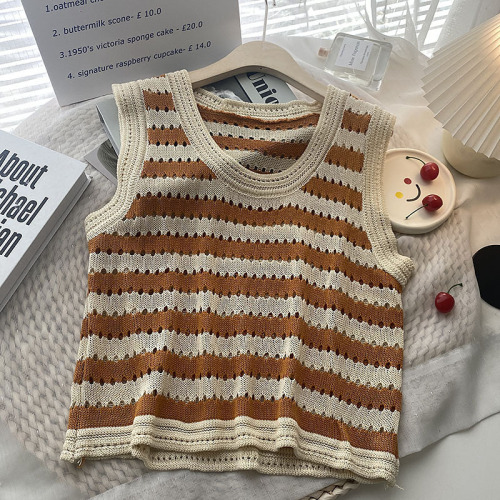 Contrast Stripe Knitted Vest Women's Summer  Korean Slim Slim Sleeveless Turtleneck Jacket