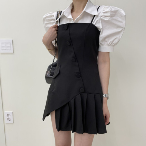 South Korea chic summer bubble short sleeve shirt design irregular pleated skirt