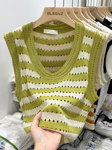 Striped Hollow Knitted Shirt Women's Summer Pure Chic Sweet Spicy Short V-Neck Jacket Sleeveless Vest Loose
