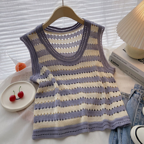 Contrast Stripe Knitted Vest Women's Summer  Korean Slim Slim Sleeveless Turtleneck Jacket