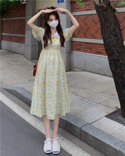 Fat mm floral dress women's summer new doll collar small fresh waist slim yellow white slim dress