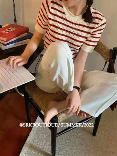 SRK Short Sleeve Small Fragrant Wind Stripe Knitted Shirt Women's Summer Thin 2022 New Design Slim Fit French Jacket