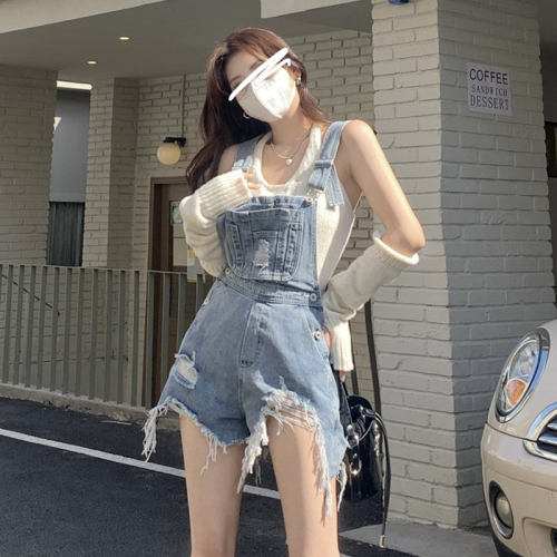 Real auction real price new summer tattered pocket fringe denim suspenders Korean loose jeans women's 5 points