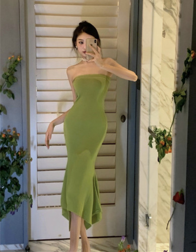 Real auction real price European and American butter green Tight Sexy Hip Wrap thin Strapless fishtail dress children