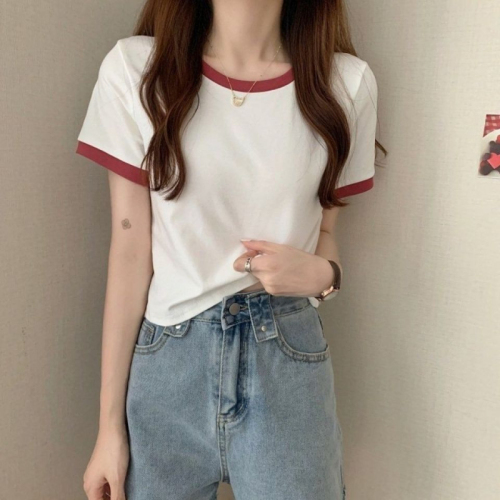 Contrast color round neck short sleeve T-shirt women's summer bottoming shirt Korean slim fit short