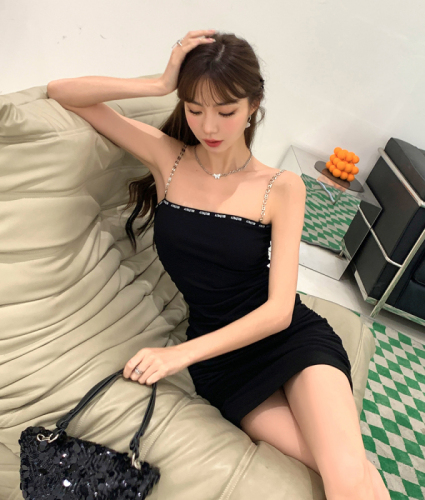 Actual shooting of 2022 summer new black minority sweet and spicy letter chain suspender dress female slim wrap hip skirt