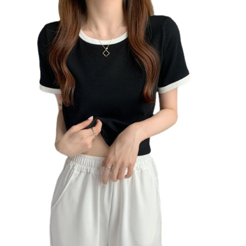 Contrast color round neck short sleeve T-shirt women's summer bottoming shirt Korean slim fit short