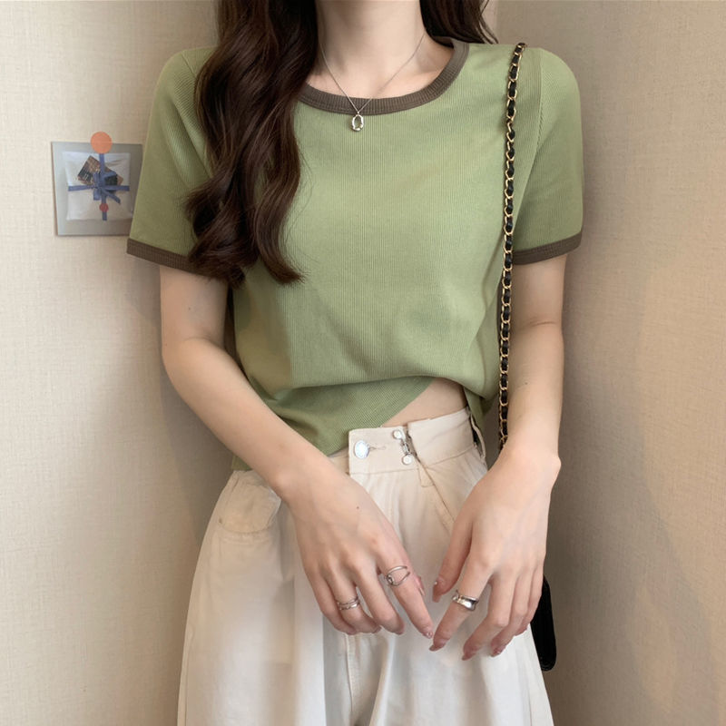 Single/two ice silk short sleeve T-shirt women summer new loose slim contrast round neck Joker jacket ins tide
