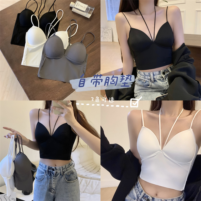 Real shot no reduction neck suspender vest wearing French ice silk underwear sexy cross Bra Top