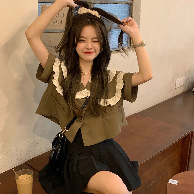 Doll neck double layer short sleeve shirt women's summer 2022 new French design Chiffon short shirt