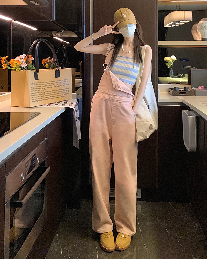 Real auction real price 2022 summer new light color cowboy suspenders women's leisure high waist straight pants trend