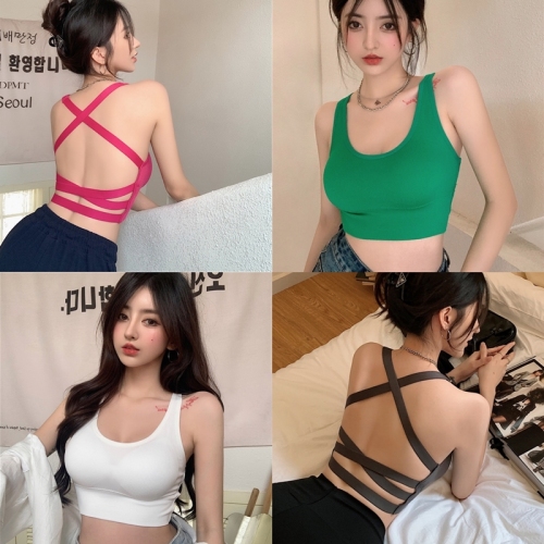 Real shot real price suspender female summer spice girl with beautiful back and backing Grey Pink Knitted sleeveless backless top