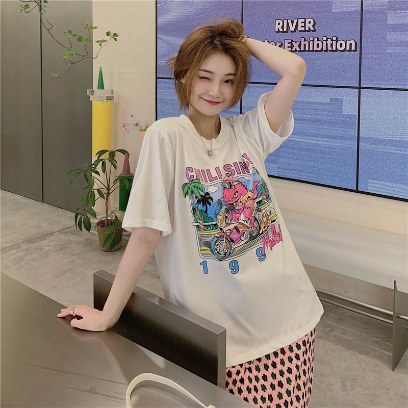 Real price cotton summer print graffiti medium long short sleeve T-shirt women's Fashion Top