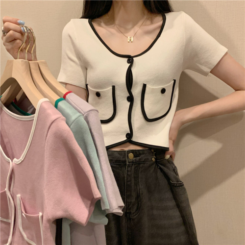 Real shooting, real price, design sense, splicing, color contrast, small fragrance, round neck, pocket, knitted small cardigan, coat, women's top