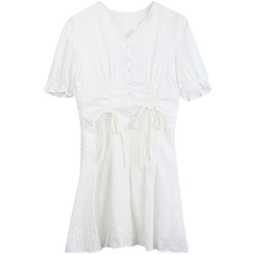French bubble sleeve white dress Hepburn style V-neck drawstring temperament small skirt children's summer A-line tea break skirt fashion
