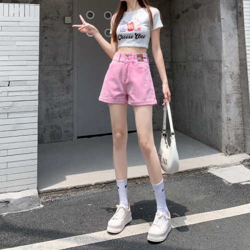 Real photo high waist pink denim shorts women's summer  new high street fashion loose a-word thin hot pants