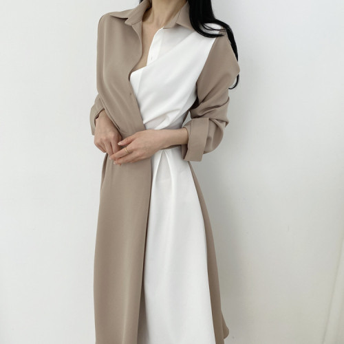 Korean chic Lapel contrast panel design with one button at the waist middle long long sleeve dress women