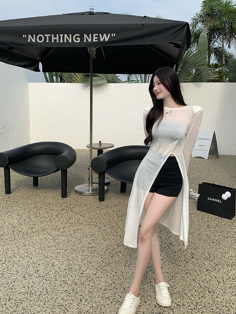 Real shot real price white split sunscreen clothes women pure desire wind slim round neck thin T-Shirt Top