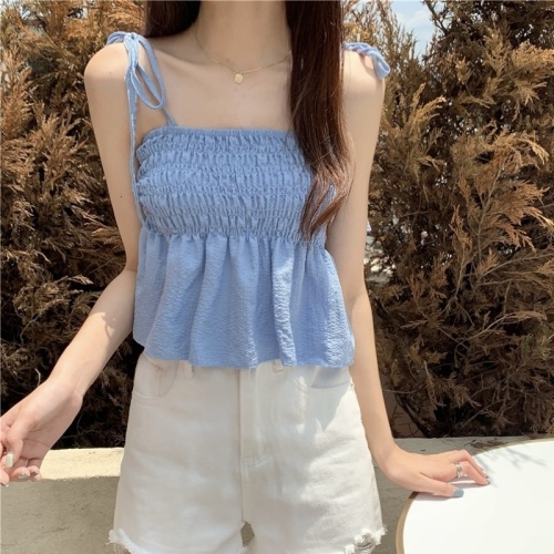 Summer new sweet Department bubble pleated pull knot suspender vest