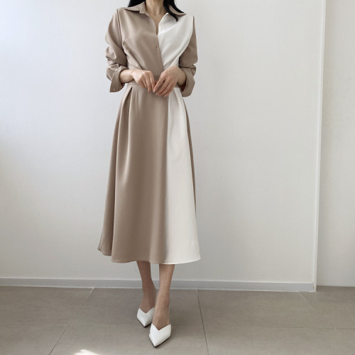Korean chic Lapel contrast panel design with one button at the waist middle long long sleeve dress women