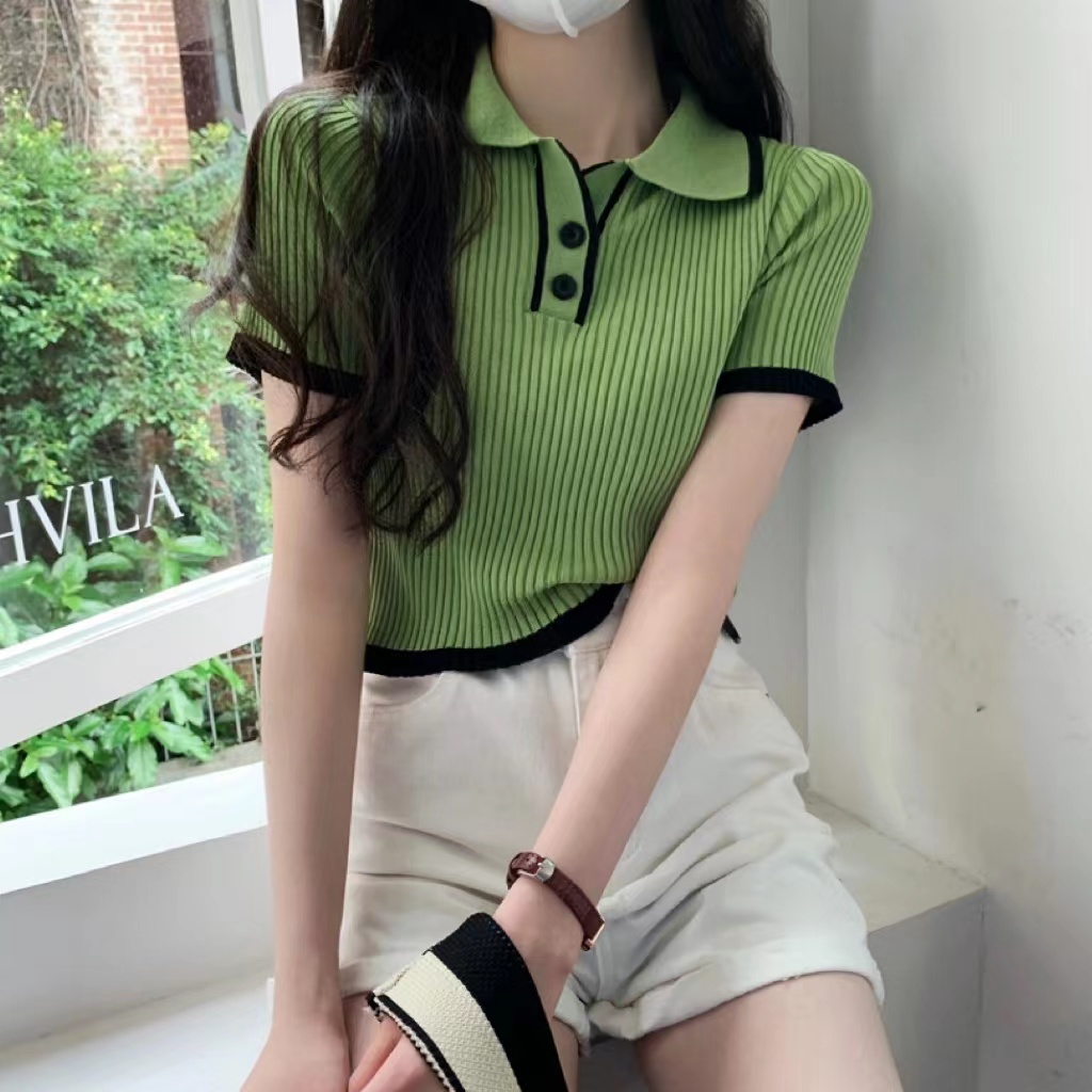 Real shooting and real price Korean version slim fitting contrast color polo collar design sense knitted short sleeve women's top