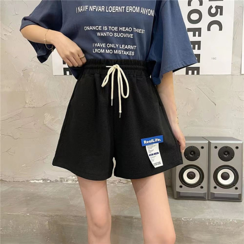 Summer new label waffle casual shorts female students loose thin elastic belt high waist versatile wide leg pants