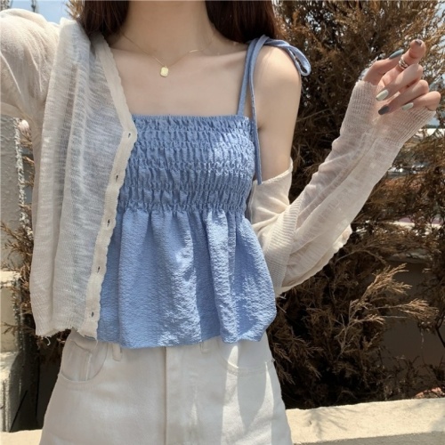 Summer new sweet Department bubble pleated pull knot suspender vest