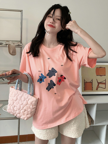Real shooting of summer clothes Korean funny bear print pattern loose aging versatile Short Sleeve T-Shirt Top Women