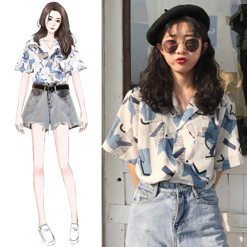 Spring / summer  Korean version large size fat mm flowered shirt women's design sense niche short sleeve women's Fashion Chiffon shirt