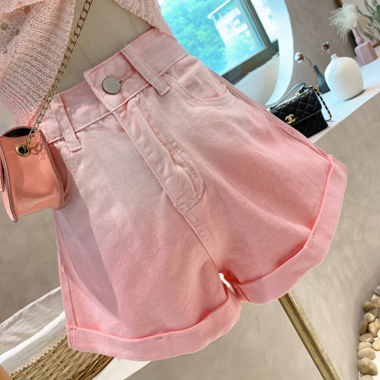 Pink denim shorts women's summer 2022 thin small slim high waist casual wide leg hemmed hot pants