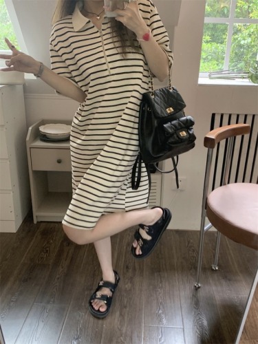  new pure sexy girl dress short sleeve T-shirt summer small contrast striped skirt polo