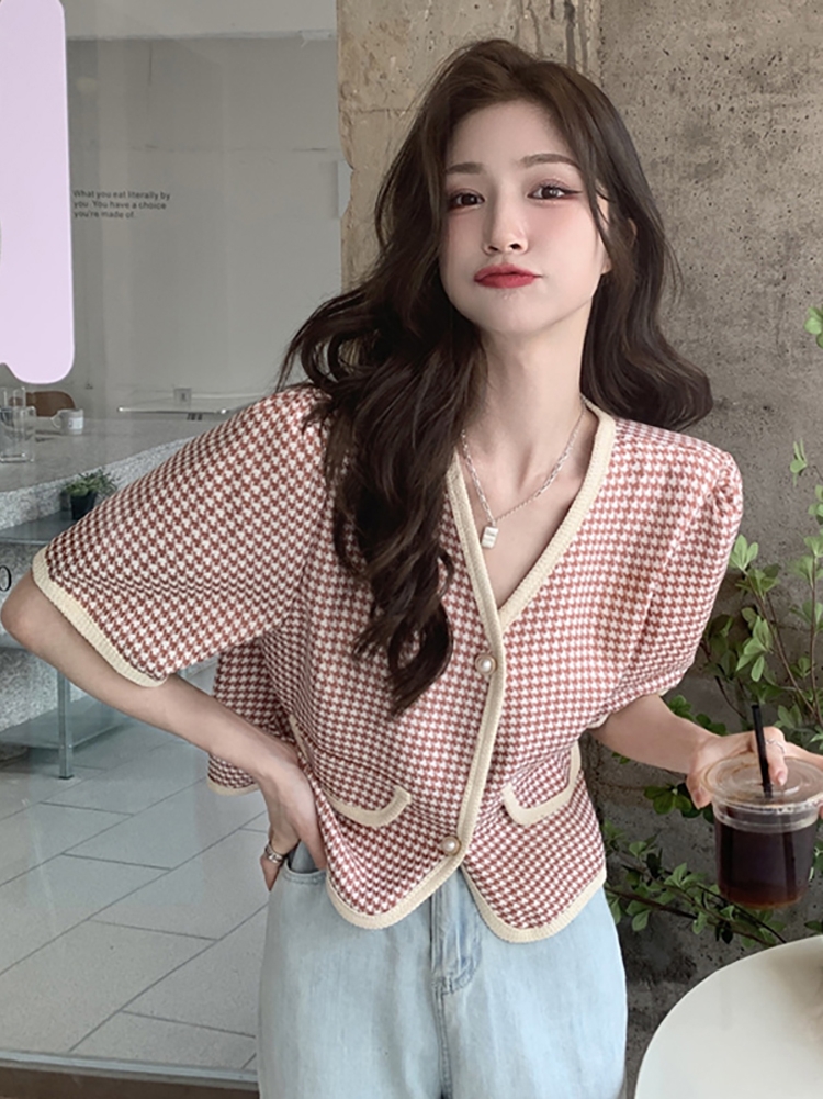 Small fragrant wind shirt coat female 22thousand bird check V-neck foreign style short sleeve cardigan top ins