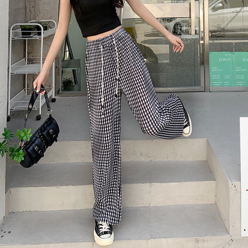 Real auction real price 2022 summer drawstring elastic waist hanging feeling toothpick pleated thin material casual pants women's high waist loose straight pants