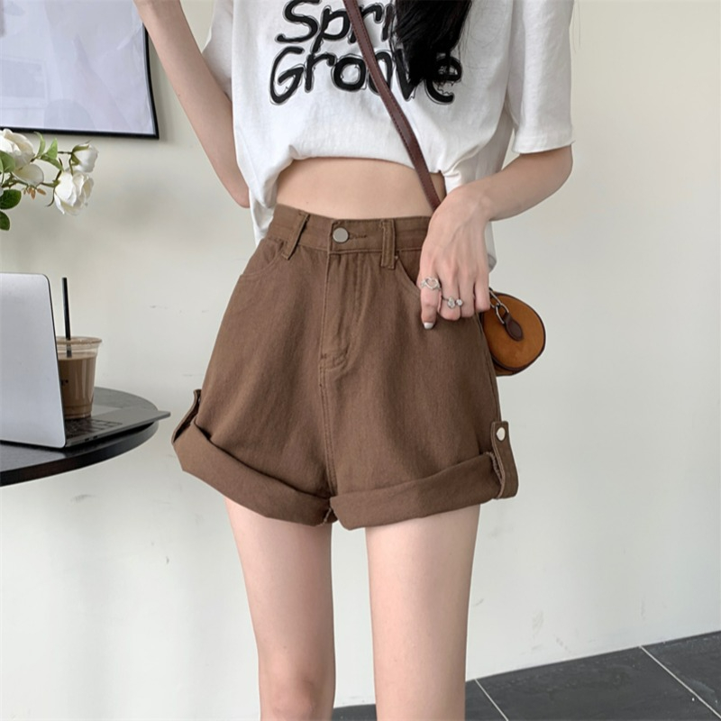 Non real shooting summer Cowboy SHORTS schoolgirl net red versatile high waist curled loose cropped pants