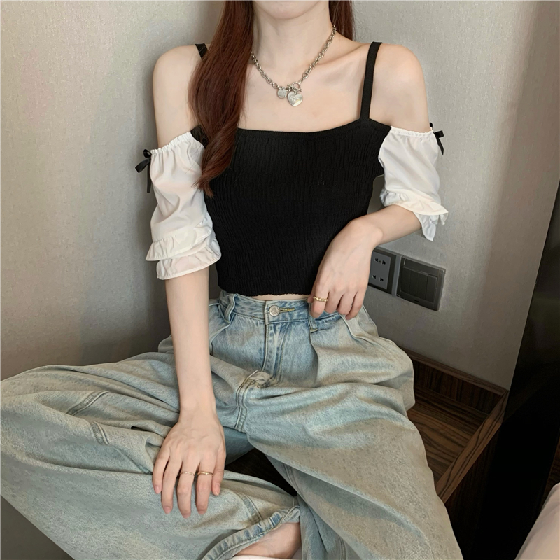 Real shooting and real price summer new Sexy Chiffon knitted splicing short off shoulder suspender top
