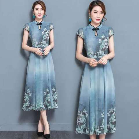 High end 2022 summer middle retro stand collar printed dress long skirt improved cheongsam slim fit large swing skirt summer style