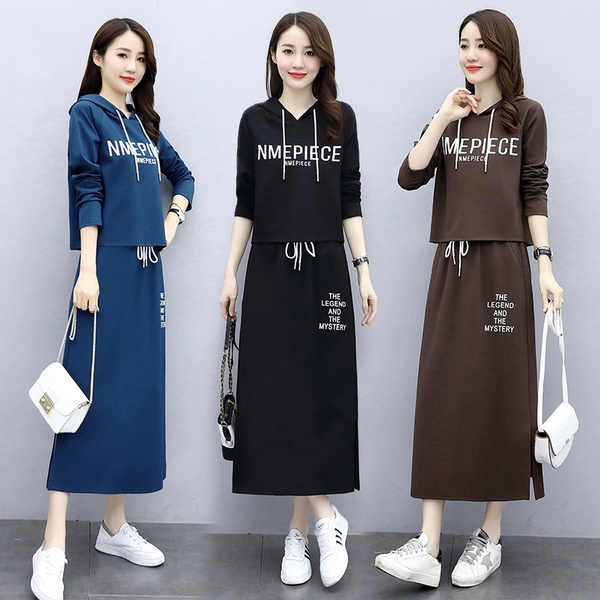 Spring slim casual sports dress set women's two piece long sleeve hooded printed knitted dress