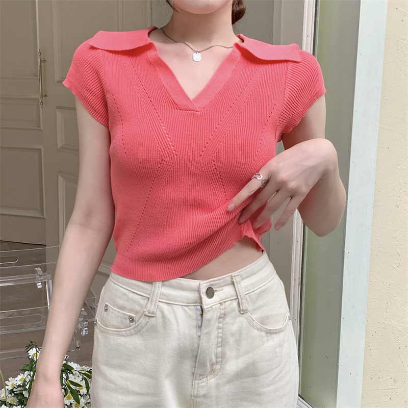 Real shooting and real price summer new European and American style solid color temperament Lapel short hollow out Knitted Top Women