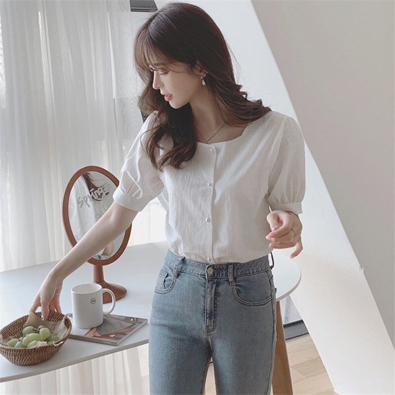 Net red ins super hot 2022 new summer linen short sleeve T-shirt women's loose cotton linen shirt square neck white