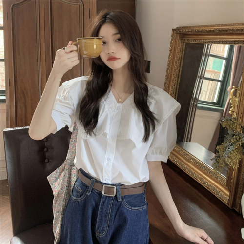 Real shooting and real price summer design sense of niche bubble sleeve shirt French Chic baby collar short sleeve shirt