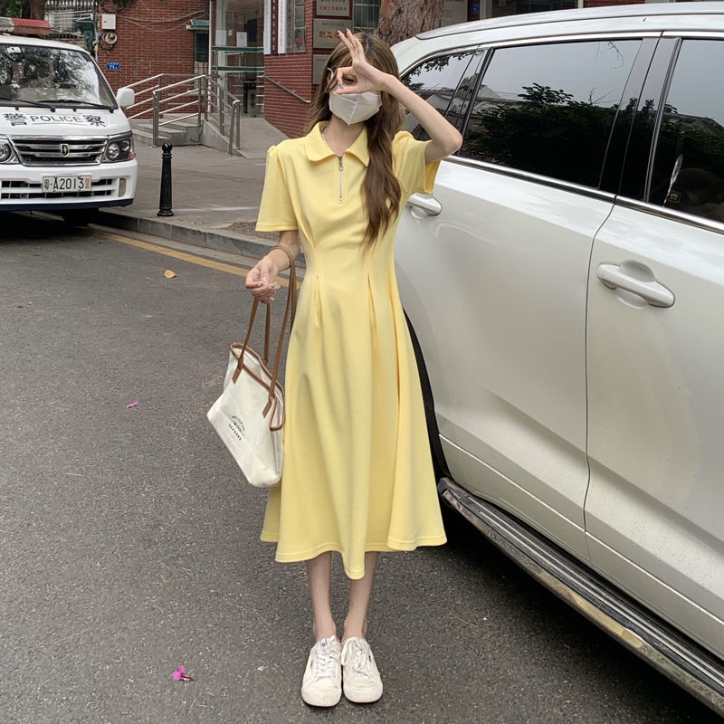 Polo collar short sleeve dress women's summer 2022 new design pleated waist slim A-line skirt