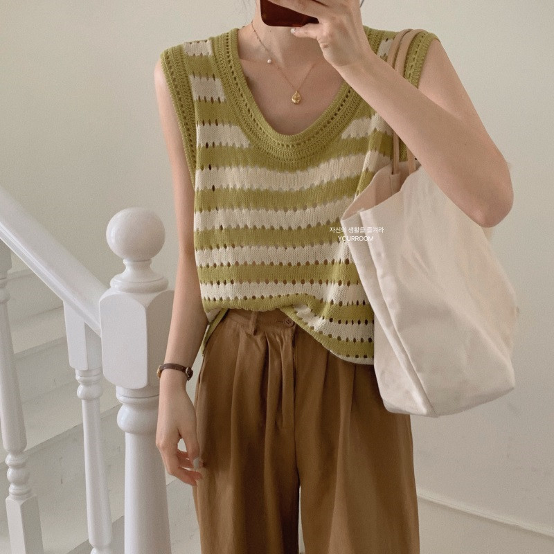 Hollow out striped T-shirt women's thin vest gentle style Korean Department versatile thin short U-neck shirt knit