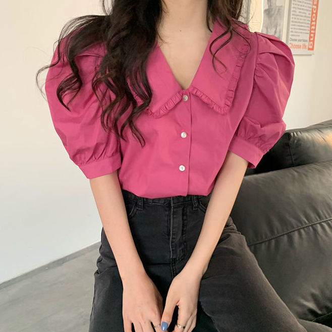 Baby collar short sleeve shirt women's design 2022 new summer French Bubble Sleeve Chiffon age reducing top