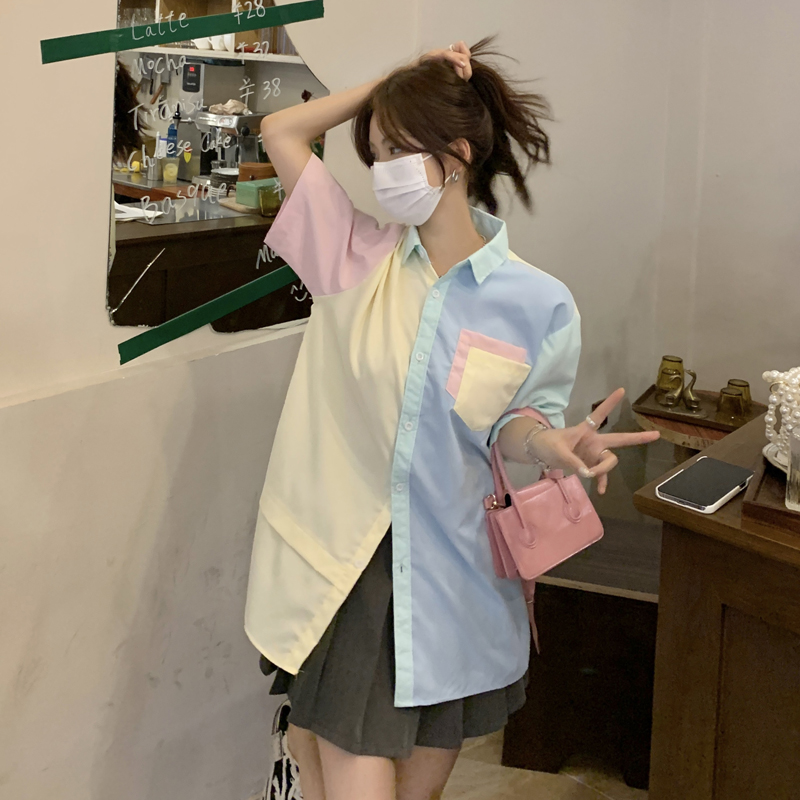 Real shot design sense of niche macarone color contrast short sleeve shirt women's summer loose Korean lazy style half sleeve top