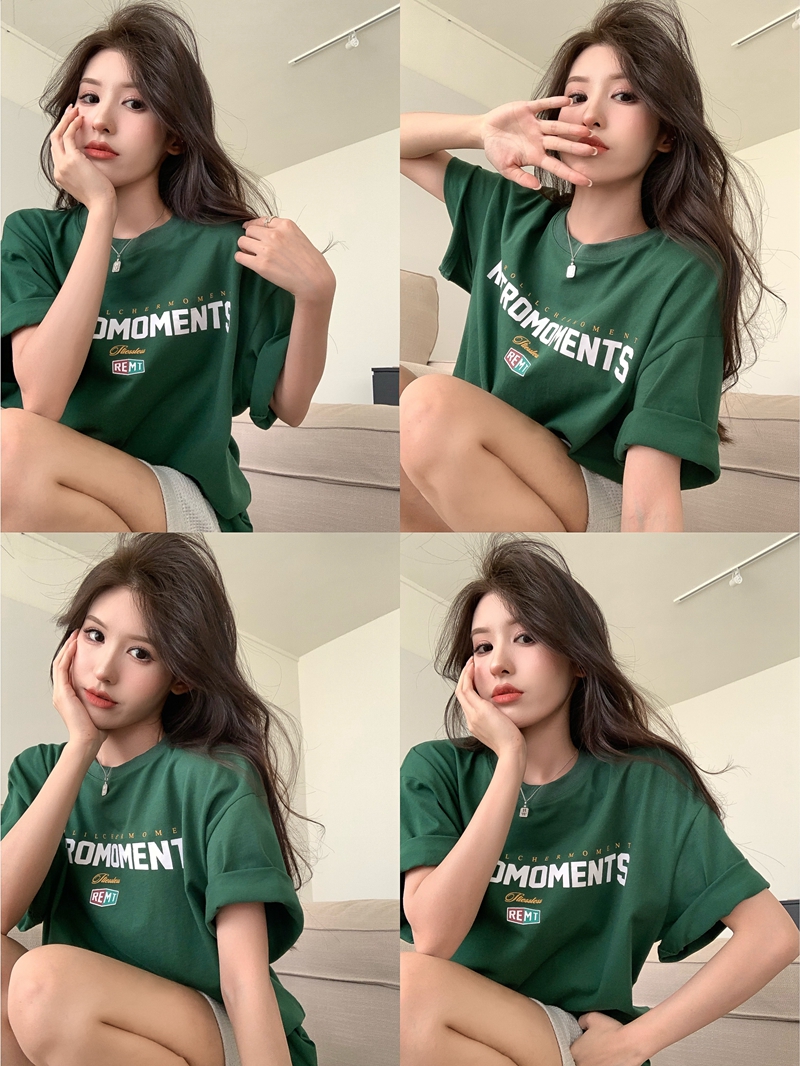 Real shot of summer Hong Kong style retro lettering printed green cotton loose short sleeve T-shirt ins wide casual top