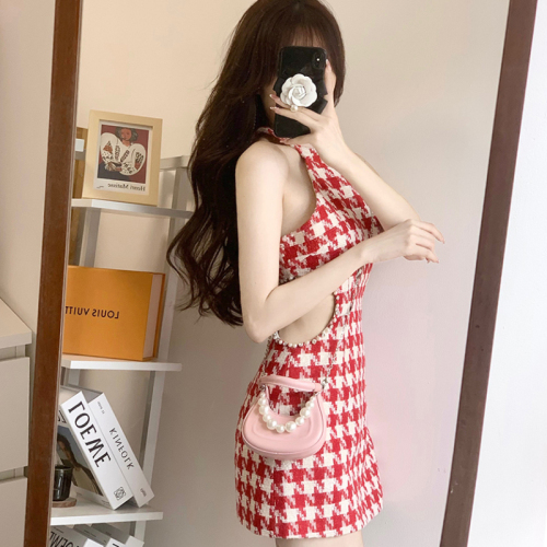 Thousand bird lattice hanging neck ice silk knitted dress minority design feeling waist Rhinestone hollow out lady dress