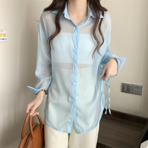 Real shooting and real price summer new Korean version versatile loose split lace up candy color long sleeve sunscreen Shirt Top