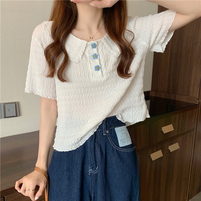 Flower short sleeve shirt 2021 new summer design baby female collar T-shirt Korean chic short Chiffon Top